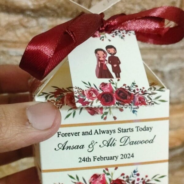 Personalized Nikah Favor Box with Maroon Ribbon and Couple Illustration Tag