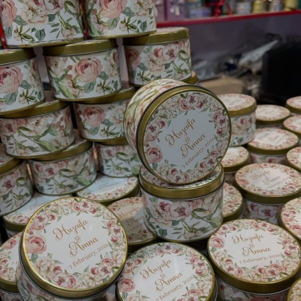 deep round wedding tin box | pink floral personalized design